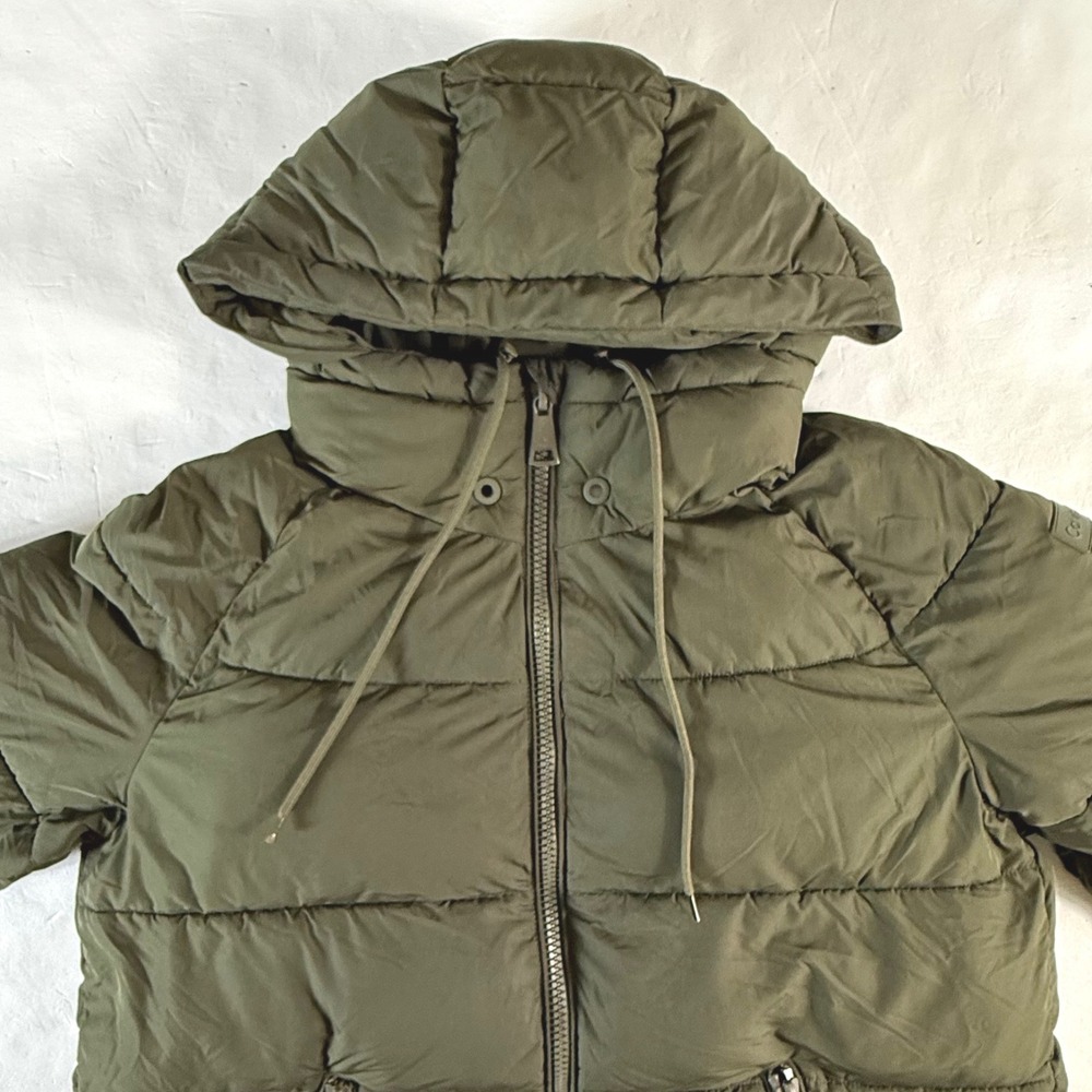 Calvin Klein Puffer Jacket Womens Large Hooded Olive Green Quilted Sorona Aura